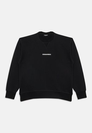 Sweat-shirt noir à manches longues, col rond, avec poignets et bas côtelés, présentant un texte blanc "DSQUARED2" centré sur la poitrine.
