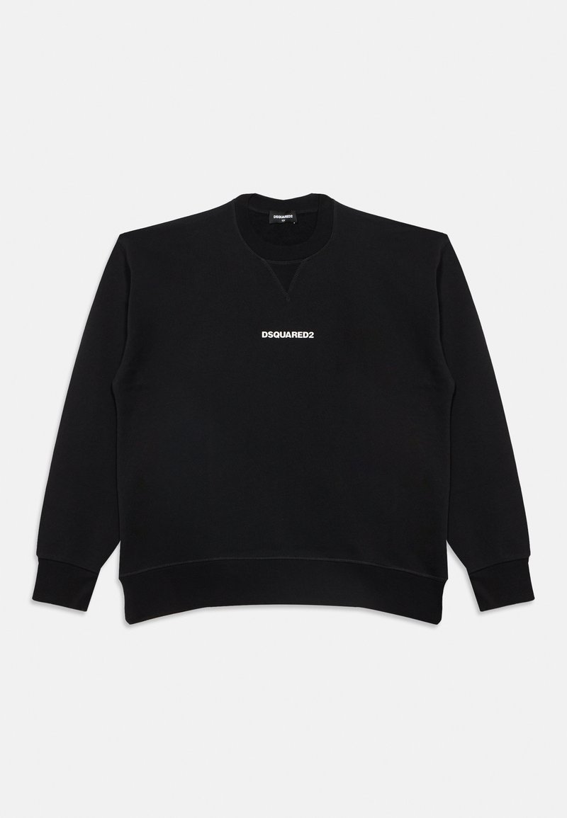 Sweat-shirt noir à manches longues, col rond, avec poignets et bas côtelés, présentant un texte blanc "DSQUARED2" centré sur la poitrine.