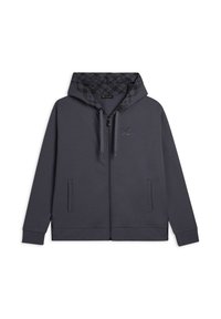 Felpa con cappuccio con zip in misto cotone grigio scuro con interno nero a motivo. Dotata di due tasche frontali e coulisse per il cappuccio.