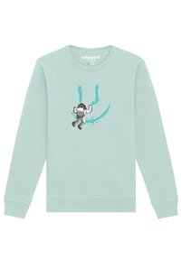 Sweat-shirt vert menthe en tissu doux, orné d'un graphisme d'astronaute sautant et de éclaboussures ludiques en teal. Encolure ronde et manches longues.