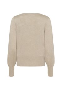 Pull beige avec col rond, ourlet côtelé et manches longues. Tissu doux et texturé avec une finition lisse, conçu pour le confort.