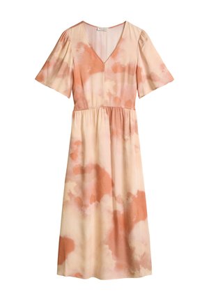 Midikleid mit kurzen, flatternden Ärmeln, V-Ausschnitt, Empire-Taille und Pfirsich- und Beige-Aquarell-Tie-Dye-Muster auf leichtem Stoff.