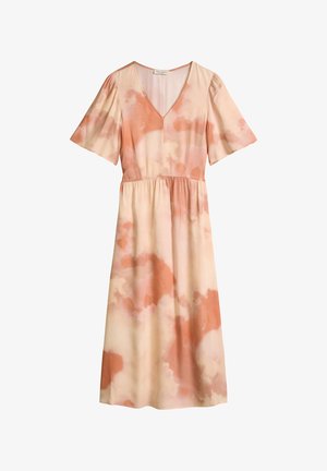 Midi-jurk met korte fladdermouwen, V-halslijn, empire-tail en perzik- en beige aquarel tie-dye patroon op lichtgewicht stof.
