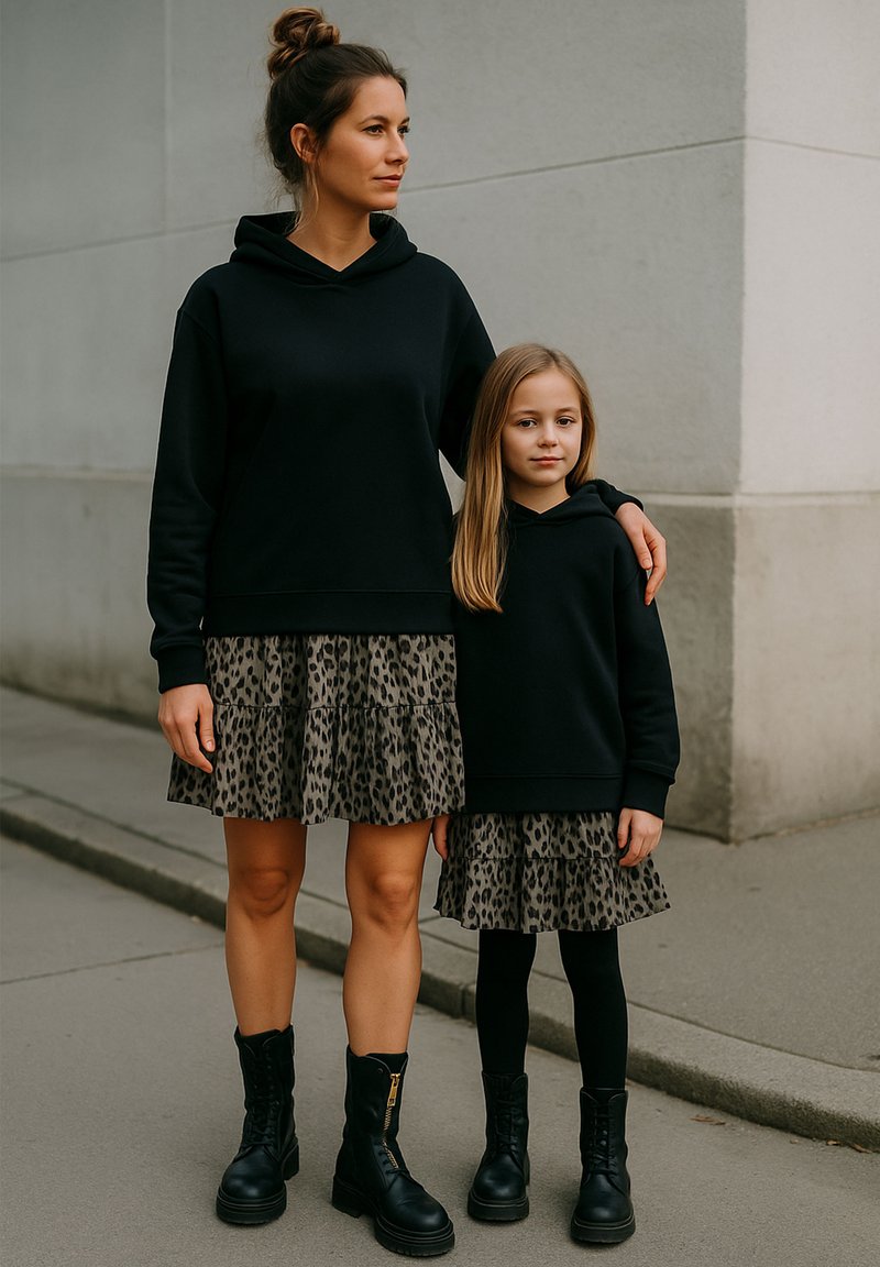 Schwarze Kapuzenpullis kombiniert mit gepunkteten, gestuften Röcken in Beige- und Brauntönen, ergänzt durch schwarze Kampfstiefel für Erwachsene und Kinder.