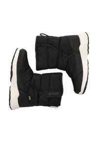 Schwarze isolierte Schneestiefel mit gestepptem Design, weißen Gummisohlen und Zigzag-Branding. Verfügt über Zuglaschen für ein einfaches Anziehen.