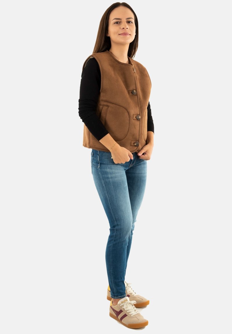 Gilet Blanc à Bord Marron Vintage Sans Manches - Taille 38/40 - 100% Polyester - Neuf Sans Étiquette