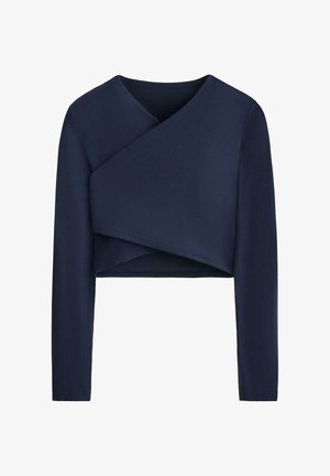 Granatowy prążkowany top na długi rękaw z kopertowym dekoltem w kształcie głębokiego V oraz wzorem zakładkowym, wykonany z elastycznej tkaniny zapewniającej komfort i swobodę ruchów.