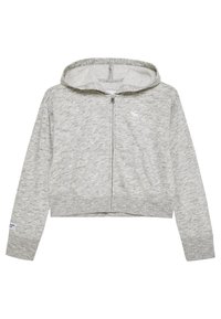 Haut à capuche court gris clair avec fermeture éclair, une capuche, deux poches avant et un petit logo sur la poitrine. Tissu doux et texturé.