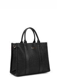 Borsa tote in pelle nera con finitura testurizzata, caratterizzata da due pannelli laterali in pelle liscia, doppi manici e un piccolo dettaglio del logo sul davanti.