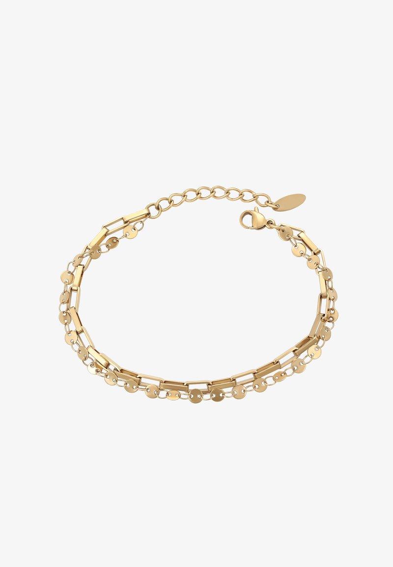 Két rétegű arany lánc karkötő ovális és kör alakú szemekkel, homár csattal, és állítható lánccal, kis ovális címkével.