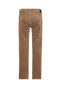 Brown corduroy pants with a straight-leg design, featuring two back pockets and a textured surface. Includes belt loops and a brand label.