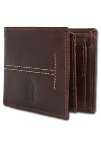 Brown leather wallet with a textured finish, featuring contrasting white stitching and an embossed logo. Multiple card slots and a slim design.