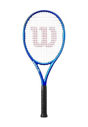 Blaues Tennisschläger mit rechteckigem Kopf, weißen Saiten und einem auffälligen roten "W"-Logo. Strukturierten schwarzen Griff. Leichter Metallrahmen.