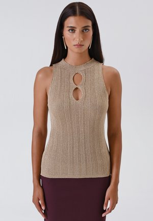 Beige gerippter ärmelloser Top mit hohem Ausschnitt und einem Schlüsselloch-Detail an der Vorderseite. Hergestellt aus strukturiertem, glänzendem Material.