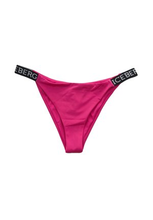 Parte inferiore del bikini rosa intenso con fasce elastiche laterali nere con testo bianco ""ICEBERG"" su ogni lato.