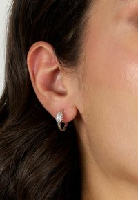 Orecchini a cerchio in argento con un grappolo circolare di piccoli gemelli trasparenti. In primo piano l'orecchio con capelli scuri visibili.