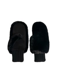 Mănuși negre căptușite cu fleece, cu manșete tricotate, una arătând partea palmei cu o margine din blană sintetică, iar cealaltă cu partea furry.