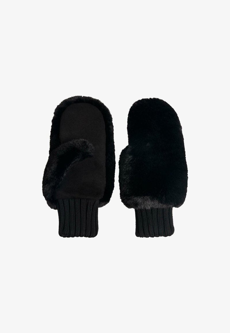 Mănuși negre căptușite cu fleece, cu manșete tricotate, una arătând partea palmei cu o margine din blană sintetică, iar cealaltă cu partea furry.