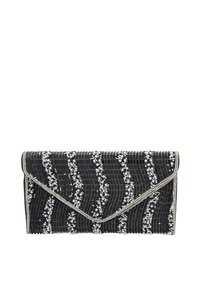 Musta clutch, jossa on teksturoitu pinta aaltoilumaisemilla, koristeltu valkoisilla rhinestoneilla kuvion ympärillä. Hopeiset detaljit.