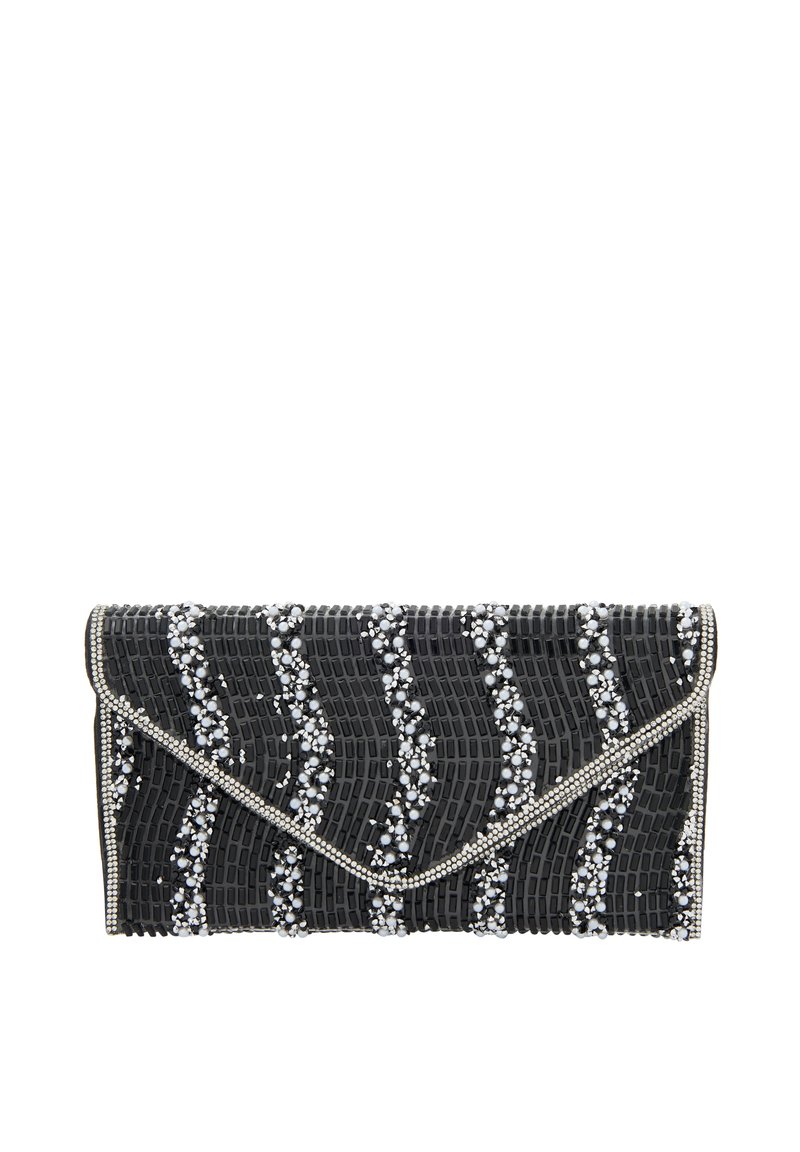 Musta clutch, jossa on teksturoitu pinta aaltoilumaisemilla, koristeltu valkoisilla rhinestoneilla kuvion ympärillä. Hopeiset detaljit.