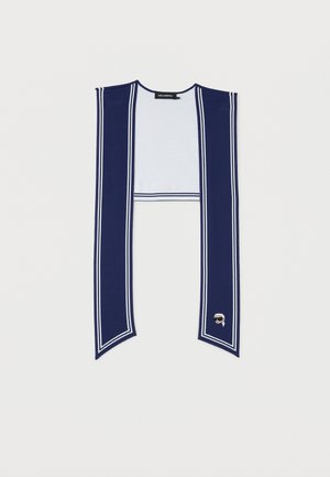 Μακρύ κασκόλ σε ναυτικό μπλε χρώμα με λευκές διπλές ρίγες κατά μήκος των άκρων και ένα μικρό κεντημένο πρόσωπο με γυαλιά ηλίου σε ένα άκρο.