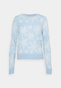 Helles blaues Sweatshirt mit langen Ärmeln, das ein weißes Schneeflockenmuster, einen runden Halsausschnitt sowie Rippabschlüsse und -bündchen aufweist.