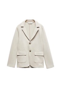 Ljusbeige blazer i texturerat tyg. Har en spetsig krage, enknappsstängning och två framfickor.