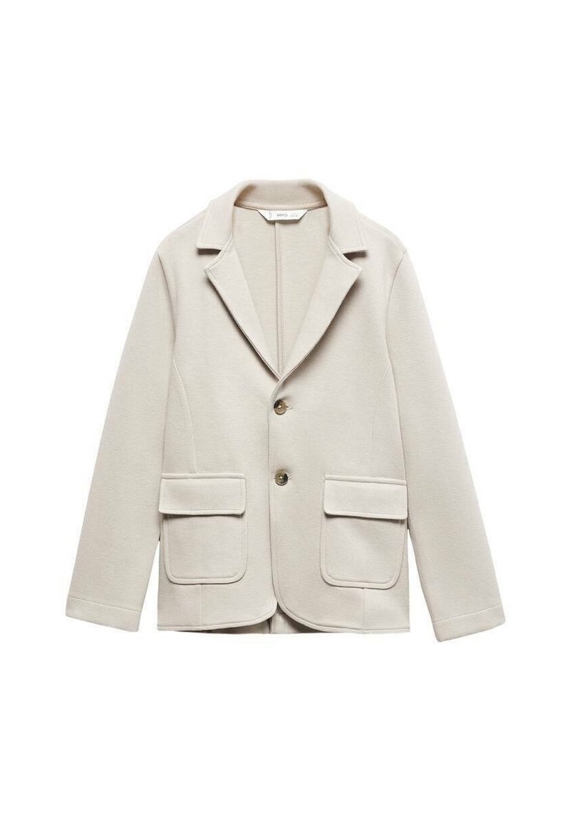 Ljusbeige blazer i texturerat tyg. Har en spetsig krage, enknappsstängning och två framfickor.