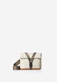 Beige stoffen schoudertas met een overslagklep, bruine leren afwerking, verstelbare riem en plastic gesp. Voorzien van een geperst "a/u" logo.