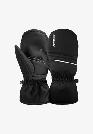 Mustat eristetyt lapaset, joissa on nahkapalmikko, elastinen ranne ja valkoiset ompelutiedot. Hihnat ovat kerälty, jotta ne istuvat tiiviisti. Vahvistettu kestävyden vuoksi.