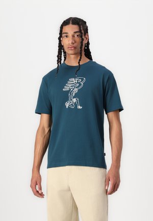 Teal cotton t-shirt with short sleeves, featuring a white graphic print of a runner and the letter "B" on the front.