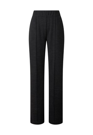 Schwarze, weite Hosen aus strukturiertem Stoff, mit vorderen Falten und einem glatten Bund. Keine sichtbaren Taschen oder Verzierungen.