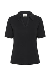 Čierne polo tričko s krátkym rukávom vyrobené z rebrovanej látky, s jemným výstrihom do V a prekladaným golierom s jemným logom.