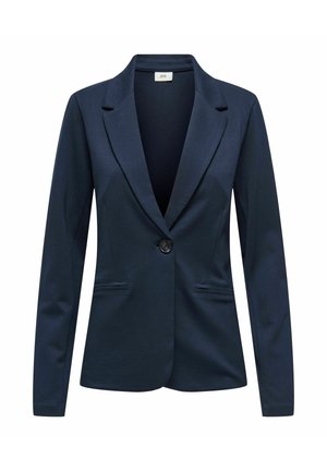 Temno modra krojena blazer jakna z dolgimi rokavi, enojnim črnim gumbom za zapiranje, zarezanimi reverji in dvema sprednjima žepoma z režo.