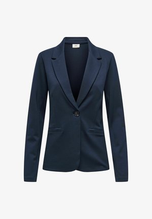 Temno modra krojena blazer jakna z dolgimi rokavi, enojnim črnim gumbom za zapiranje, zarezanimi reverji in dvema sprednjima žepoma z režo.