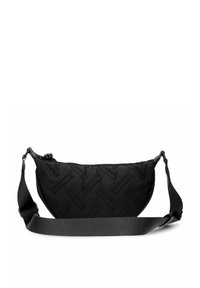 Borsa a tracolla nera trapuntata con forma semi-ovale curva, tracolla regolabile e chiusura con cerniera. Motivo testurizzato sulla superficie.