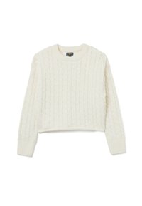 Weißer gestrickter Pullover mit einem strukturierten Muster, rundem Ausschnitt und langen Ärmeln. Verfügt über ein cropped Design. Hergestellt aus weichem Material.