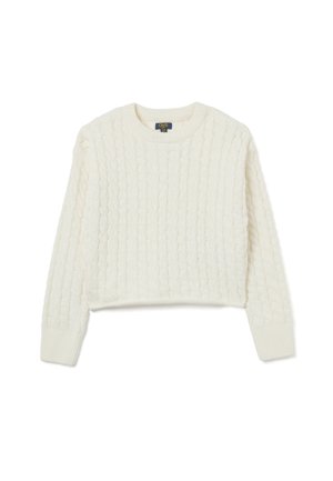 Pull en tricot blanc avec un motif texturé, encolure ronde et manches longues. Présente un design court. Fabriqué en tissu doux.