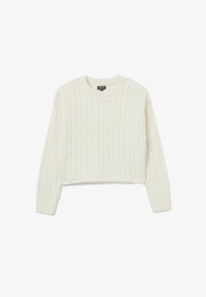 Pull en tricot blanc avec un motif texturé, encolure ronde et manches longues. Présente un design court. Fabriqué en tissu doux.