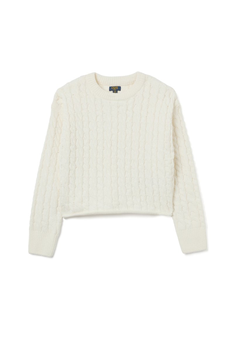 Weißer gestrickter Pullover mit einem strukturierten Muster, rundem Ausschnitt und langen Ärmeln. Verfügt über ein cropped Design. Hergestellt aus weichem Material.