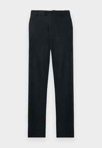 Black trousers with a straight-leg design, made of a smooth fabric. Features a drawstring waist and a single button closure.