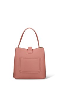 Borsa a tracolla in pelle rosa con trama, dotata di due manici, chiusura a pattina e tasca frontale. Forma compatta quadrata, design minimalista.