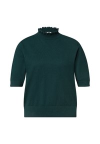 Pull vert foncé à manches courtes avec bords côtelés et col montant volanté, présenté sur fond blanc.
