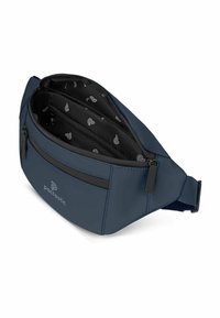 Marsupio blu con un esterno liscio e resistente all'acqua, dotato di un vano principale con zip, tasche interne e dettagli con logo sulla parte anteriore.