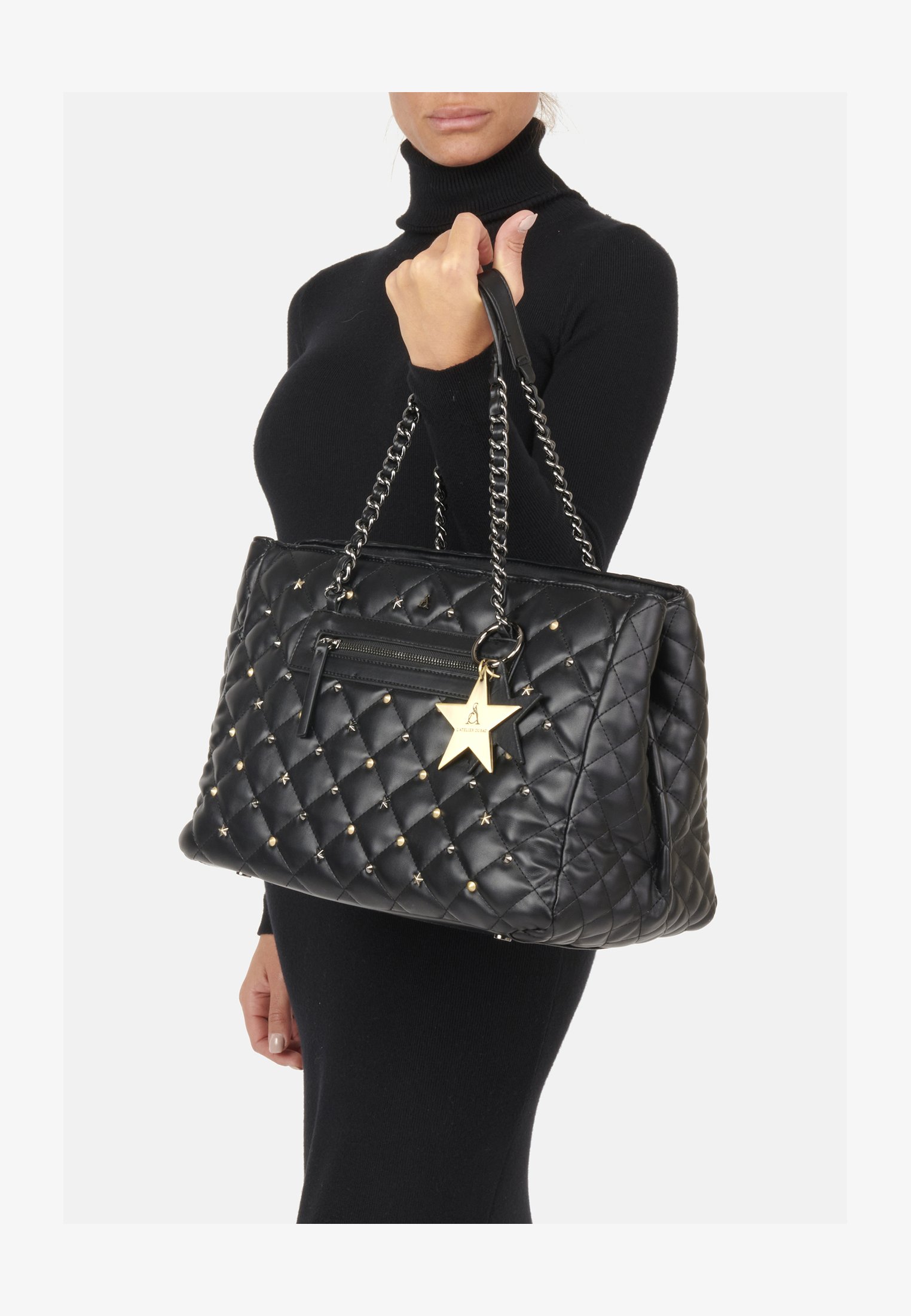 L'Atelier Du Sac PashBAG Jane Rebel Zaino Donna In Blu Jeans Con Borchie, Pashmina E Portachiavi Stella