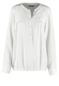 White long-sleeve blouse with a rounded neckline, buttoned placket, gathered waist, and cuffed sleeves. Smooth fabric with a slight sheen.