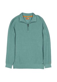 Hellgrüner, gestrickter Pullover mit einem Viertelreißverschluss, geripptem Kragen und Bündchen. Verfügt über ein oranges Futter am Kragen und ein kleines Emblem.