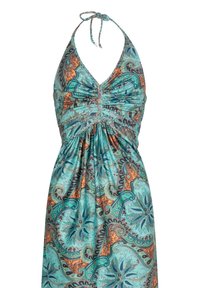 Ein Halterkleid mit tealfarbener Basis, das ein Paisleymuster in Orange, Blau und Braun aufweist. Raffungen an der Brust und der Taille.