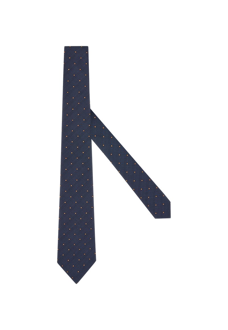 Corbata azul marino con un tejido texturado y pequeños lunares naranjas, punta en forma de flecha y acabado suave. Adecuada para vestir de forma formal.