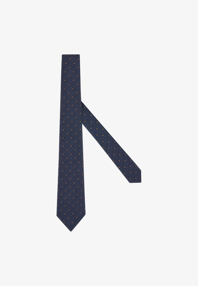 Cravatta blu navy con tessuto testurizzato e piccoli pois arancioni, estremità affusolata e finitura liscia. Adatta per abbigliamento formale.